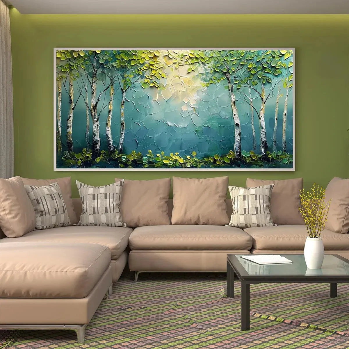 Textured Forest Painting, Impasto Wall Art, Horizontal Canvas, Birch Tree Decor