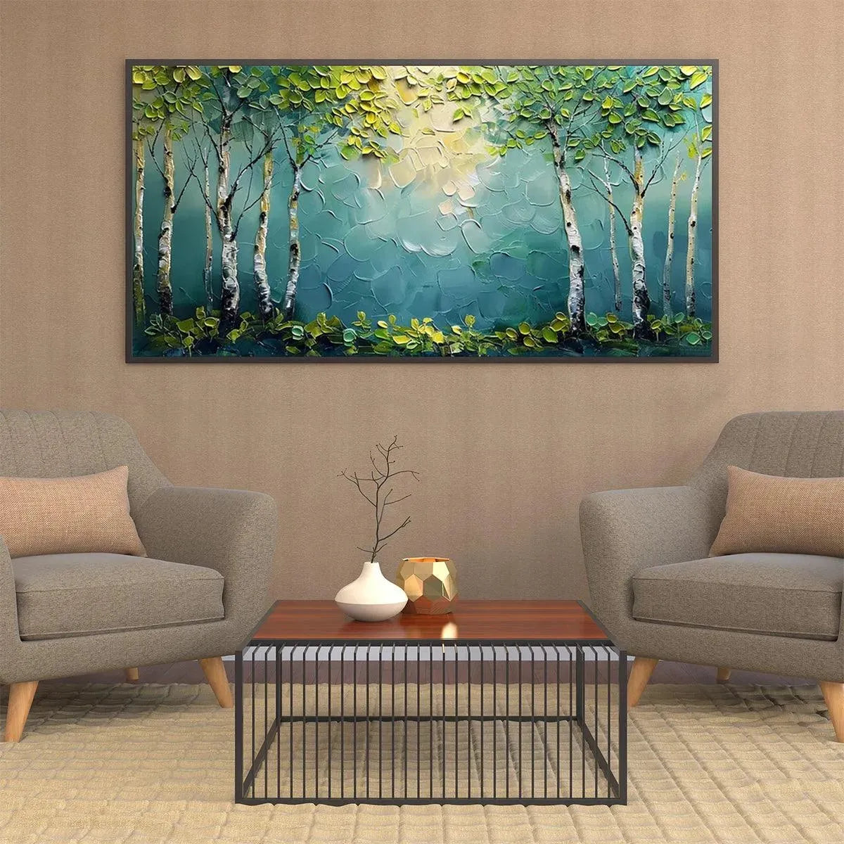 Textured Forest Painting, Impasto Wall Art, Horizontal Canvas, Birch Tree Decor