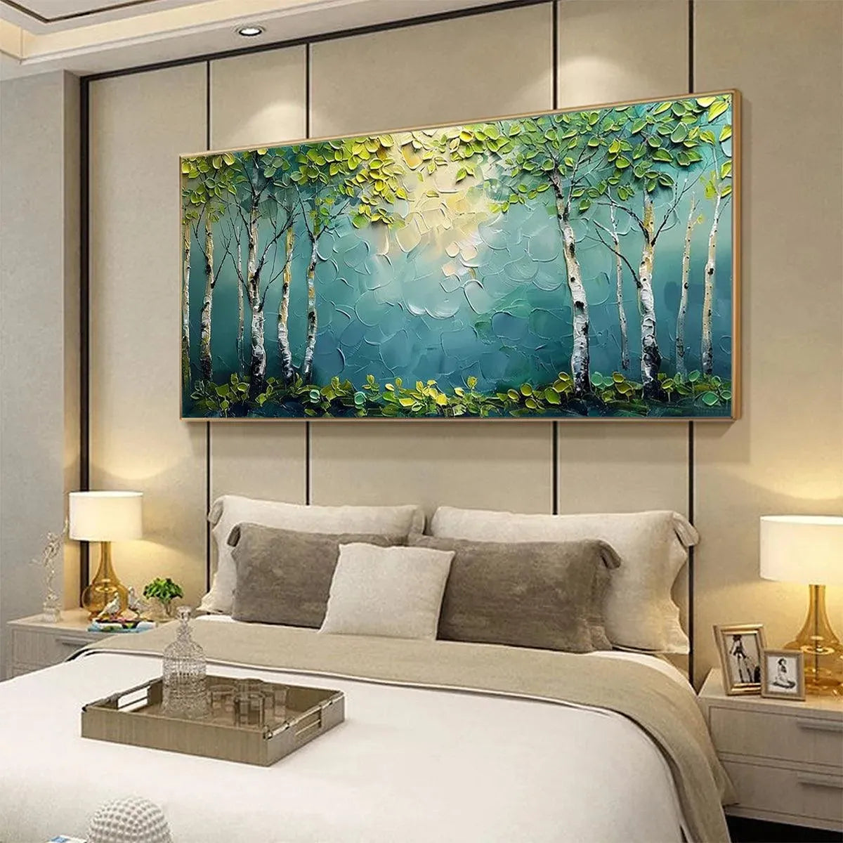 Textured Forest Painting, Impasto Wall Art, Horizontal Canvas, Birch Tree Decor