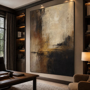 Large abstract wall art in dark brown, beige and black tones above a modern office desk.
