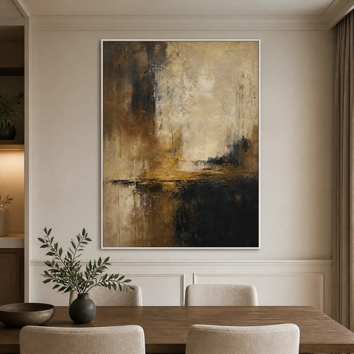 Abstract landscape oil painting with cream, black and gold tones displayed in a refined dining room.