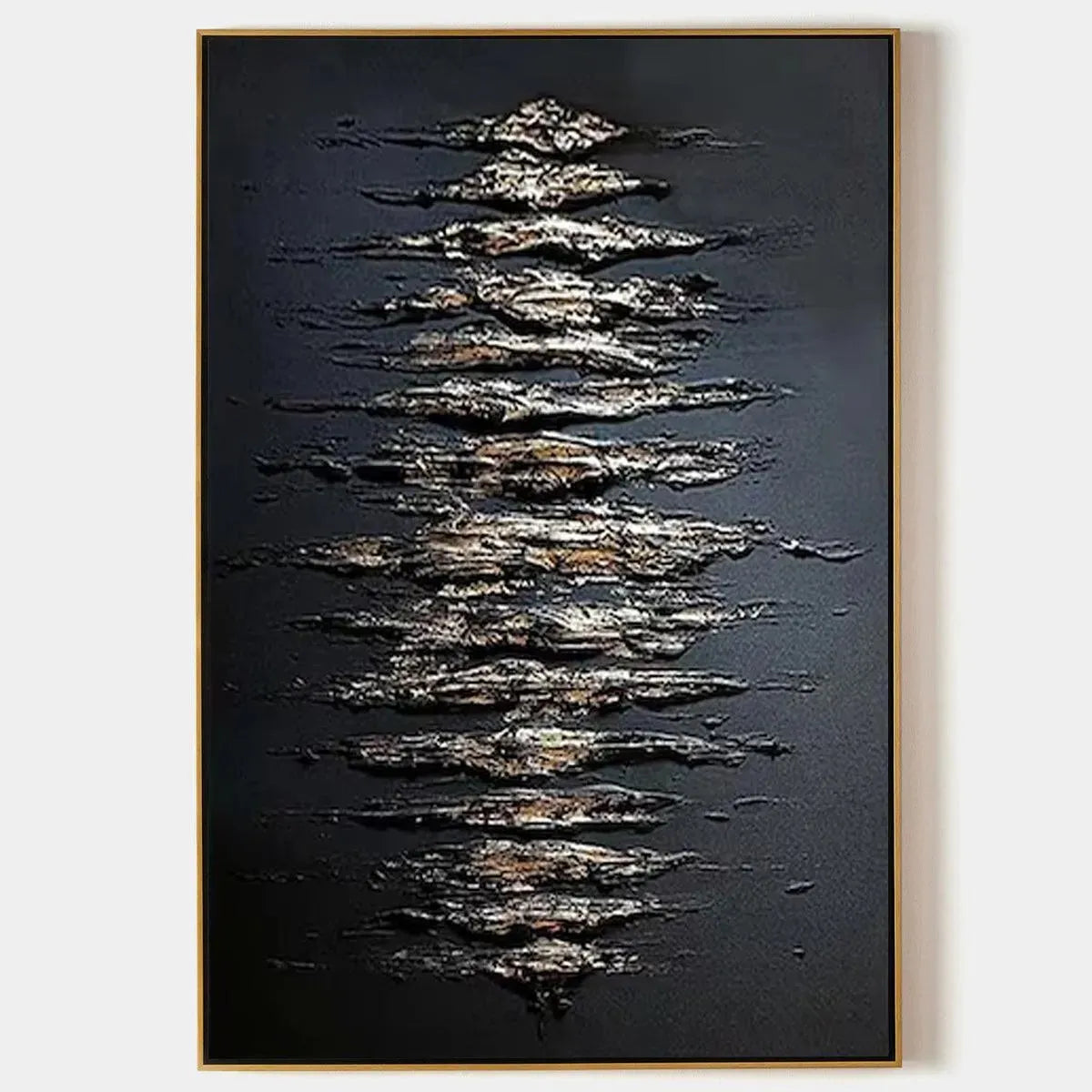 Black and gold abstract textured painting with metallic gold strokes on black background, vertical art for living room.