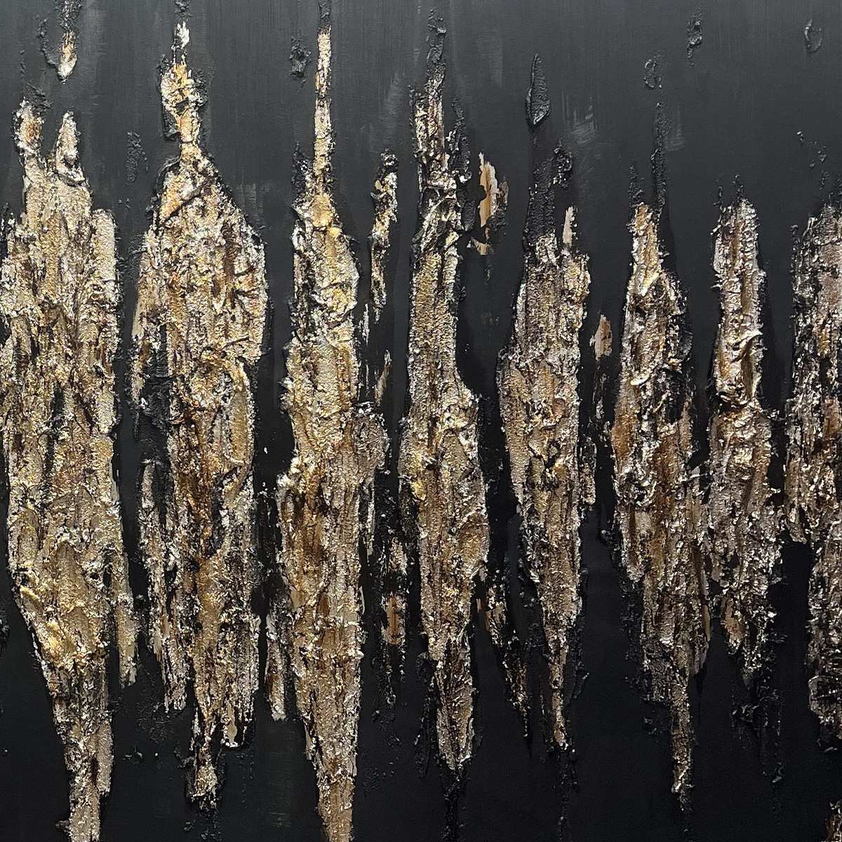 Black and gold abstract textured painting with metallic gold strokes on black background, vertical art for living room.