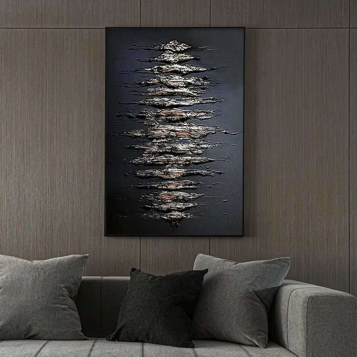 Black and gold abstract textured painting with metallic gold strokes on black background, vertical art for living room.