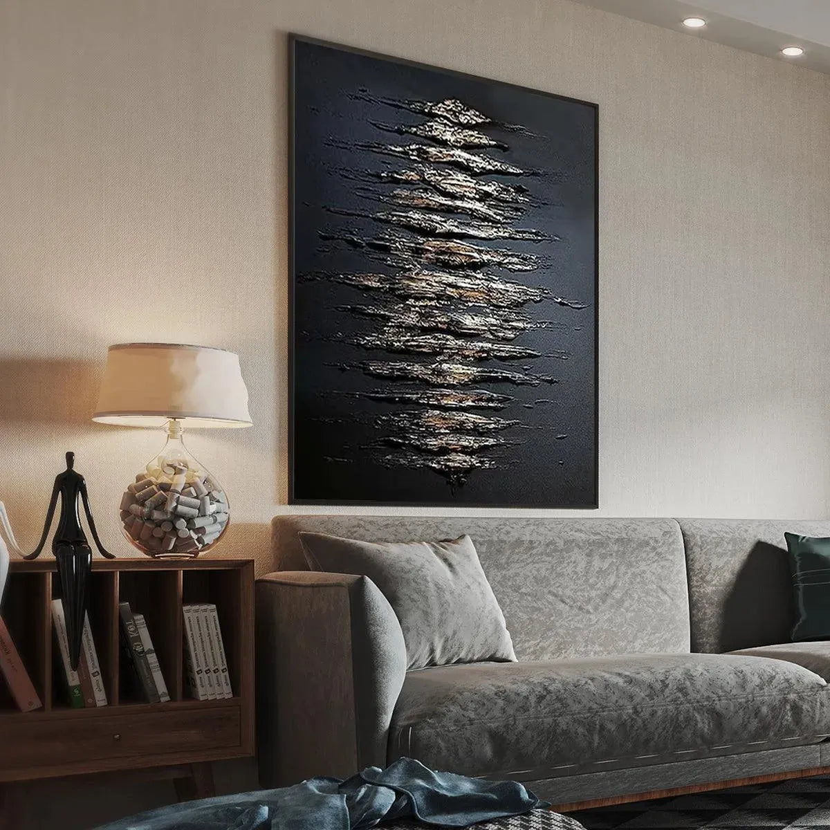 Black and gold abstract textured painting with metallic gold strokes on black background, vertical art for living room.