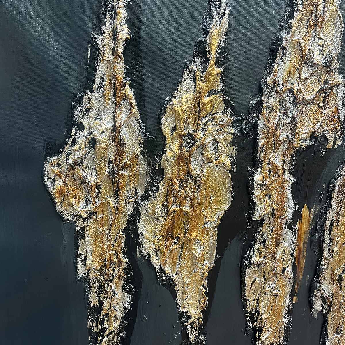 Black and gold abstract textured painting with metallic gold strokes on black background, vertical art for living room.