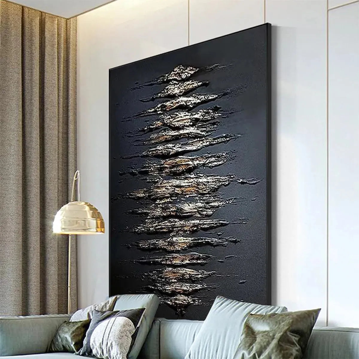 Black and gold abstract textured painting with metallic gold strokes on black background, vertical art for living room.