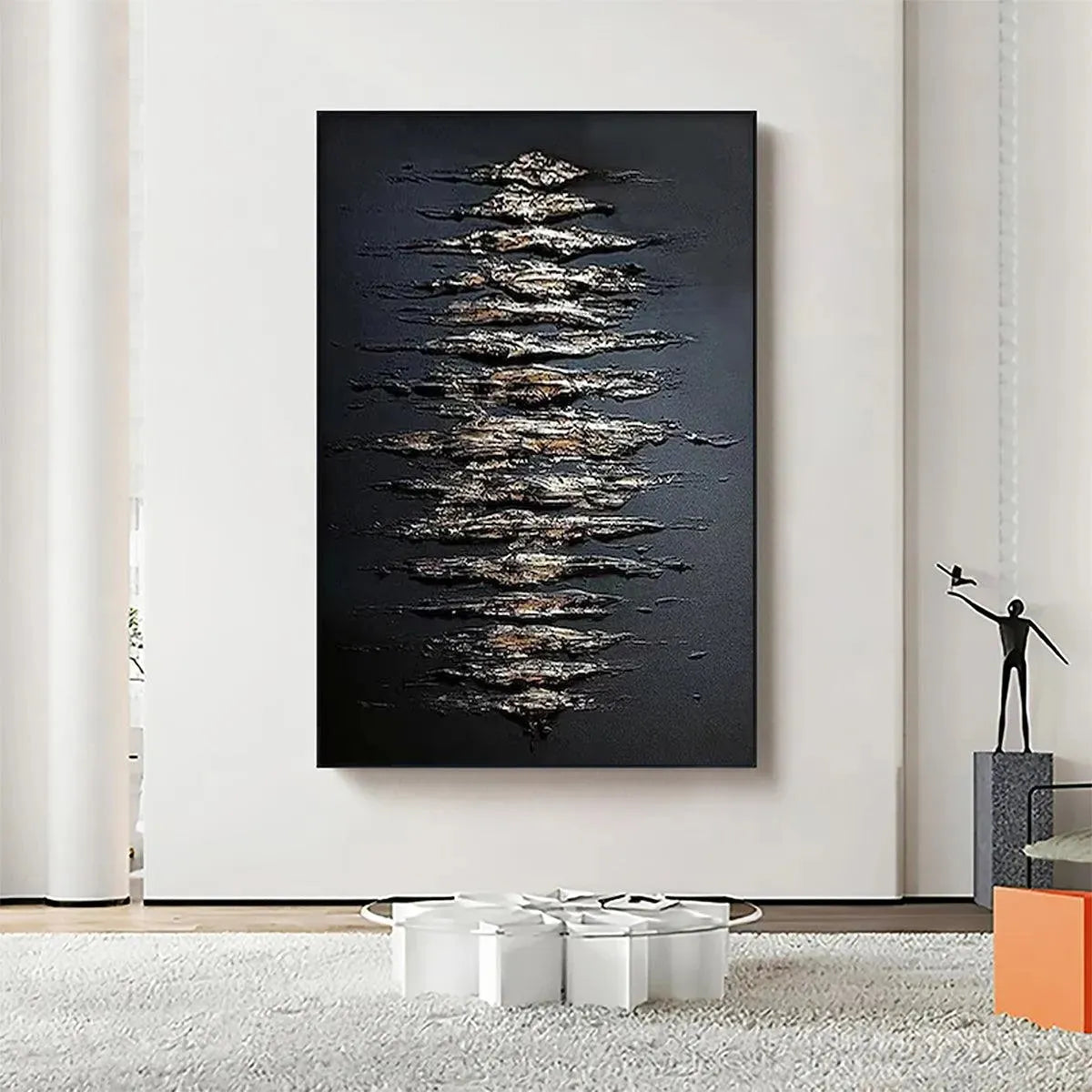 Black and gold abstract textured painting with metallic gold strokes on black background, vertical art for living room.