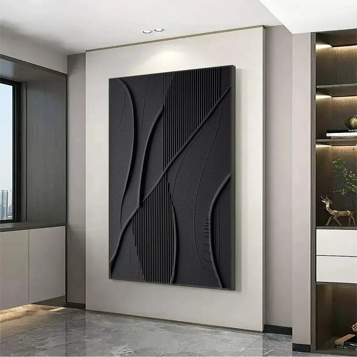 Black Textured Abstract painting by Javier Ramirez with gold frame, minimalist artwork for modern interior