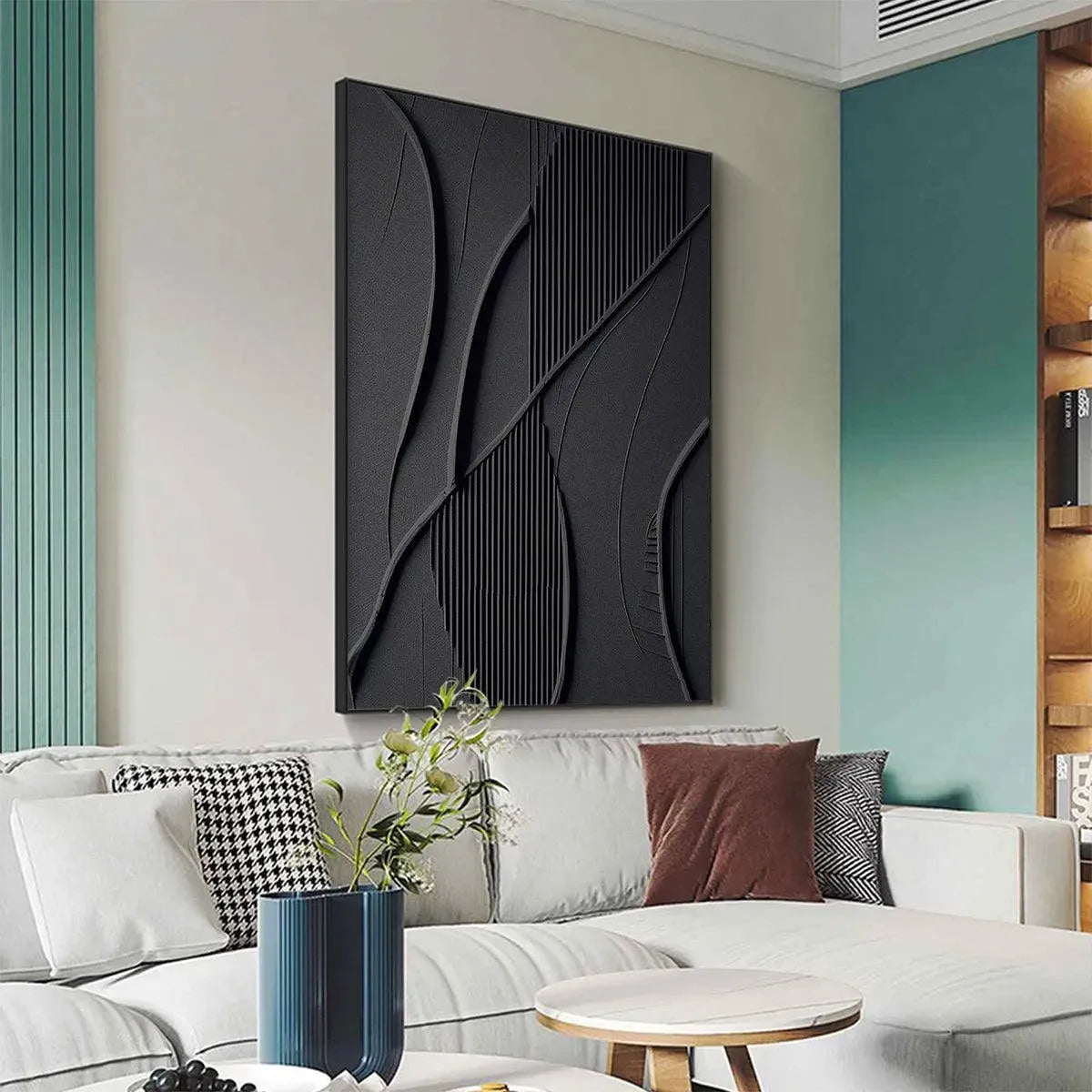 Black Textured Abstract painting by Javier Ramirez with gold frame, minimalist artwork for modern interior