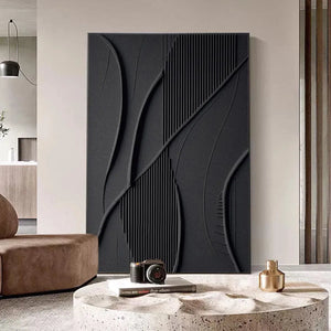 Black Textured Abstract painting by Javier Ramirez with gold frame, minimalist artwork for modern interior