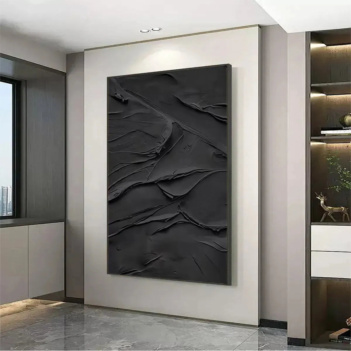 Black Impasto Painting, vertical wall art by Isabella Rossi, dramatic textured black artwork, museum quality