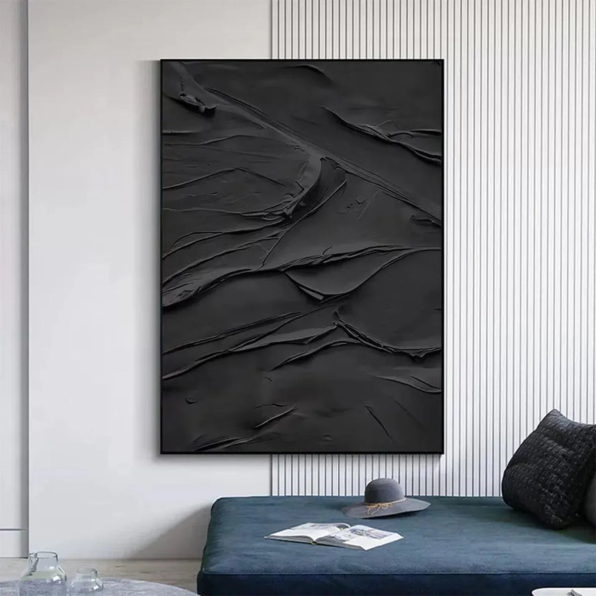Black Impasto Painting, vertical wall art by Isabella Rossi, dramatic textured black artwork, museum quality