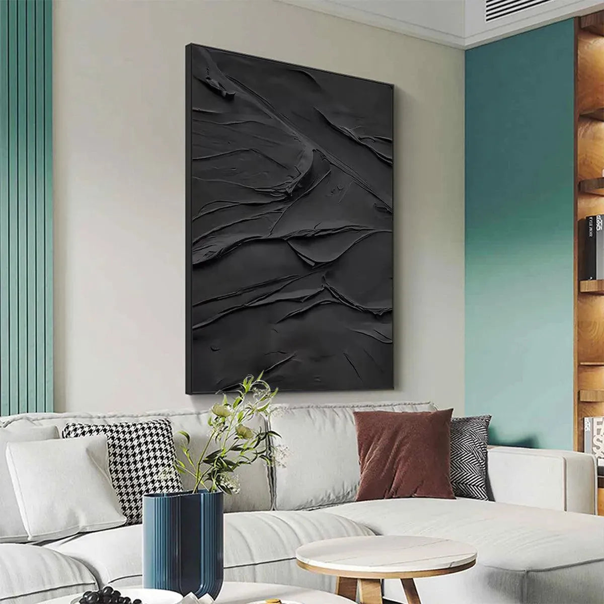 Black Impasto Painting, vertical wall art by Isabella Rossi, dramatic textured black artwork, museum quality