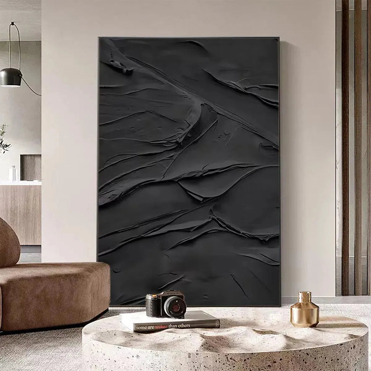 Black Impasto Painting, vertical wall art by Isabella Rossi, dramatic textured black artwork, museum quality