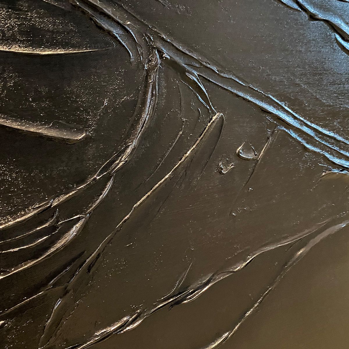 Black Impasto Painting, vertical wall art by Isabella Rossi, dramatic textured black artwork, museum quality