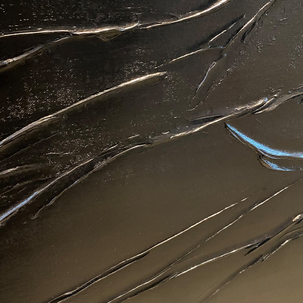 Black Impasto Painting, vertical wall art by Isabella Rossi, dramatic textured black artwork, museum quality