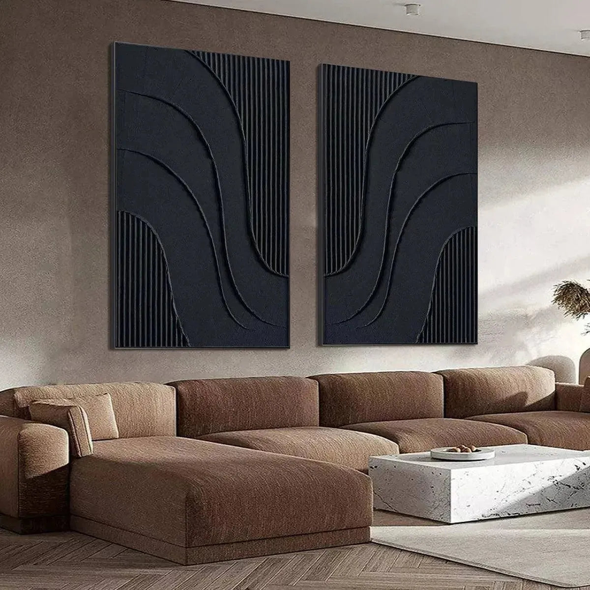 Black Textured Waves Diptych by Liam O'Connell, two vertical abstract paintings on a living room wall, black textured art.