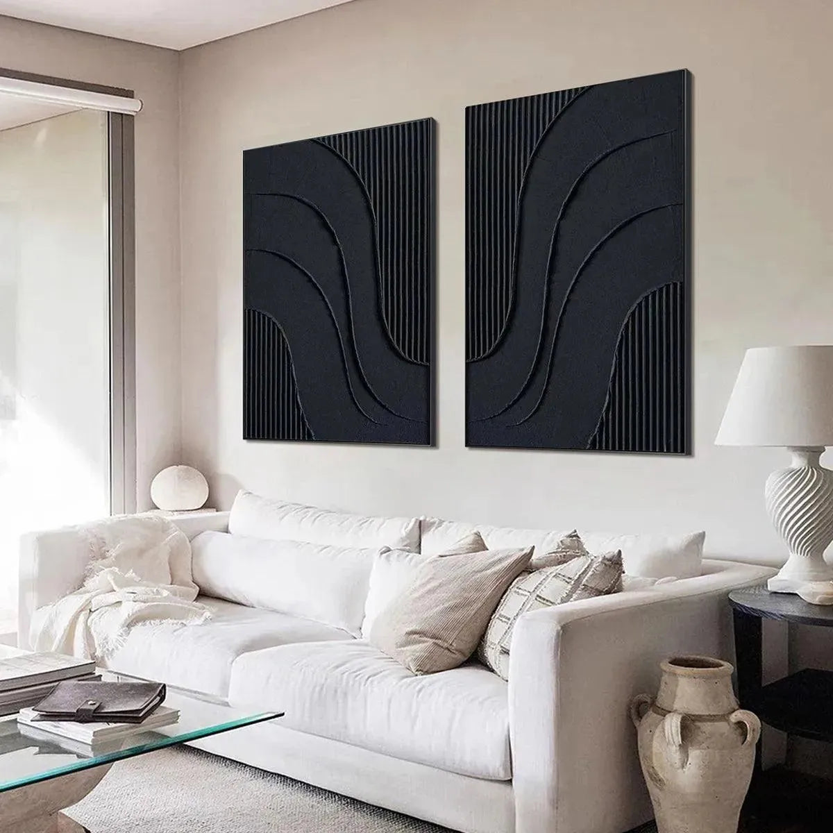Black Textured Waves Diptych abstract art by Liam O'Connell. Black textured vertical wall art set of 2 for modern spaces.