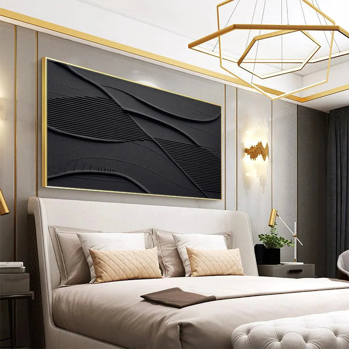 Black Textured Waves painting by Javier Ramirez, minimalist modern art, perfect for living room, office or bedroom decor