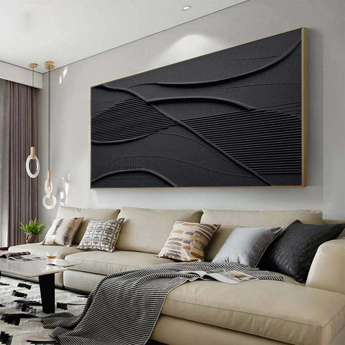 Black Textured Waves painting by Javier Ramirez, minimalist modern art, perfect for living room, office or bedroom decor