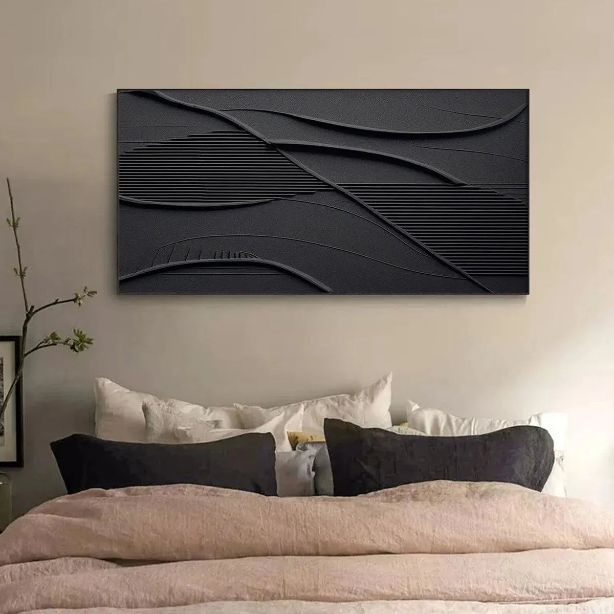 Black Textured Waves painting by Javier Ramirez, minimalist modern art, perfect for living room, office or bedroom decor