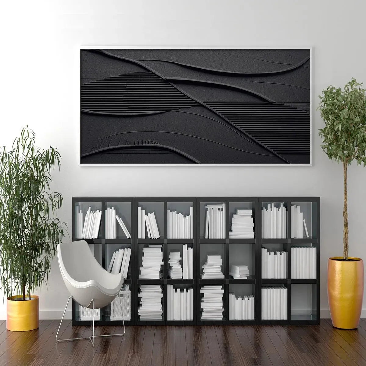 Black Textured Waves painting by Javier Ramirez, minimalist modern art, perfect for living room, office or bedroom decor