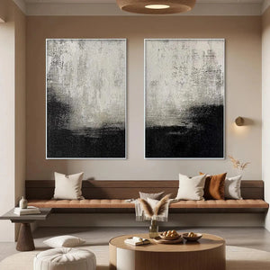Black and white abstract diptych by Liam O'Connell, vertical textured wall art with white frame, modern art for living room