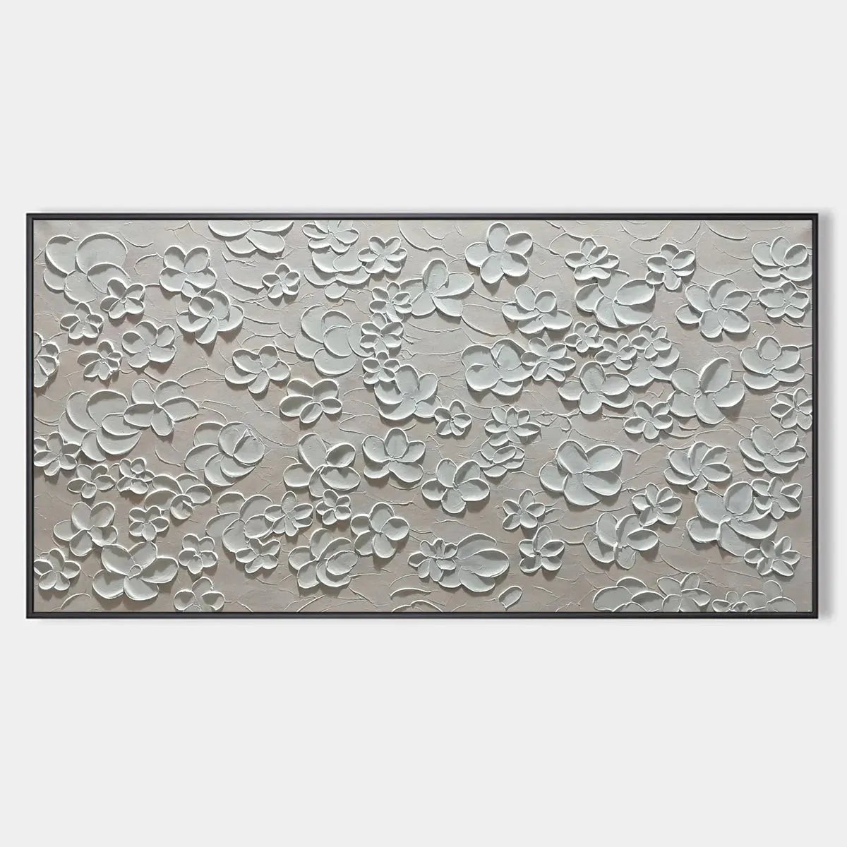 Textured White Floral Painting, Horizontal Canvas, Minimalist Wall Art