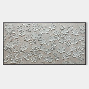 Textured White Floral Painting, Horizontal Canvas, Minimalist Wall Art