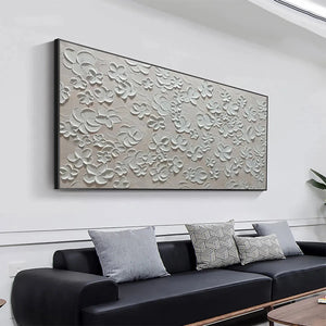 Textured White Floral Painting, Horizontal Canvas, Minimalist Wall Art