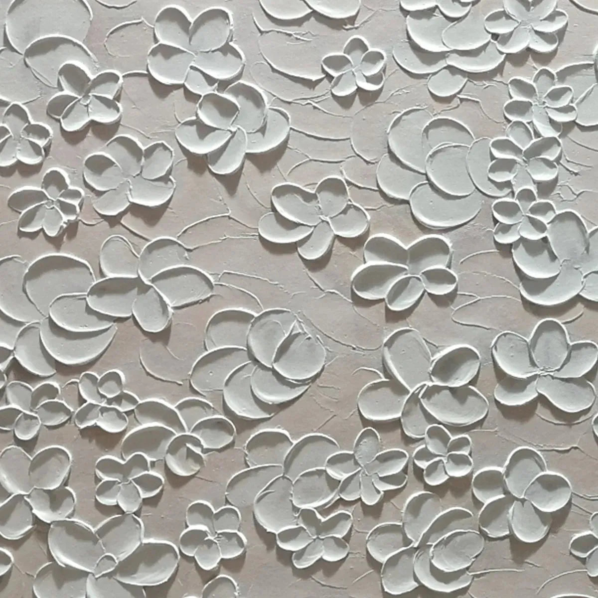 Textured White Floral Painting, Horizontal Canvas, Minimalist Wall Art