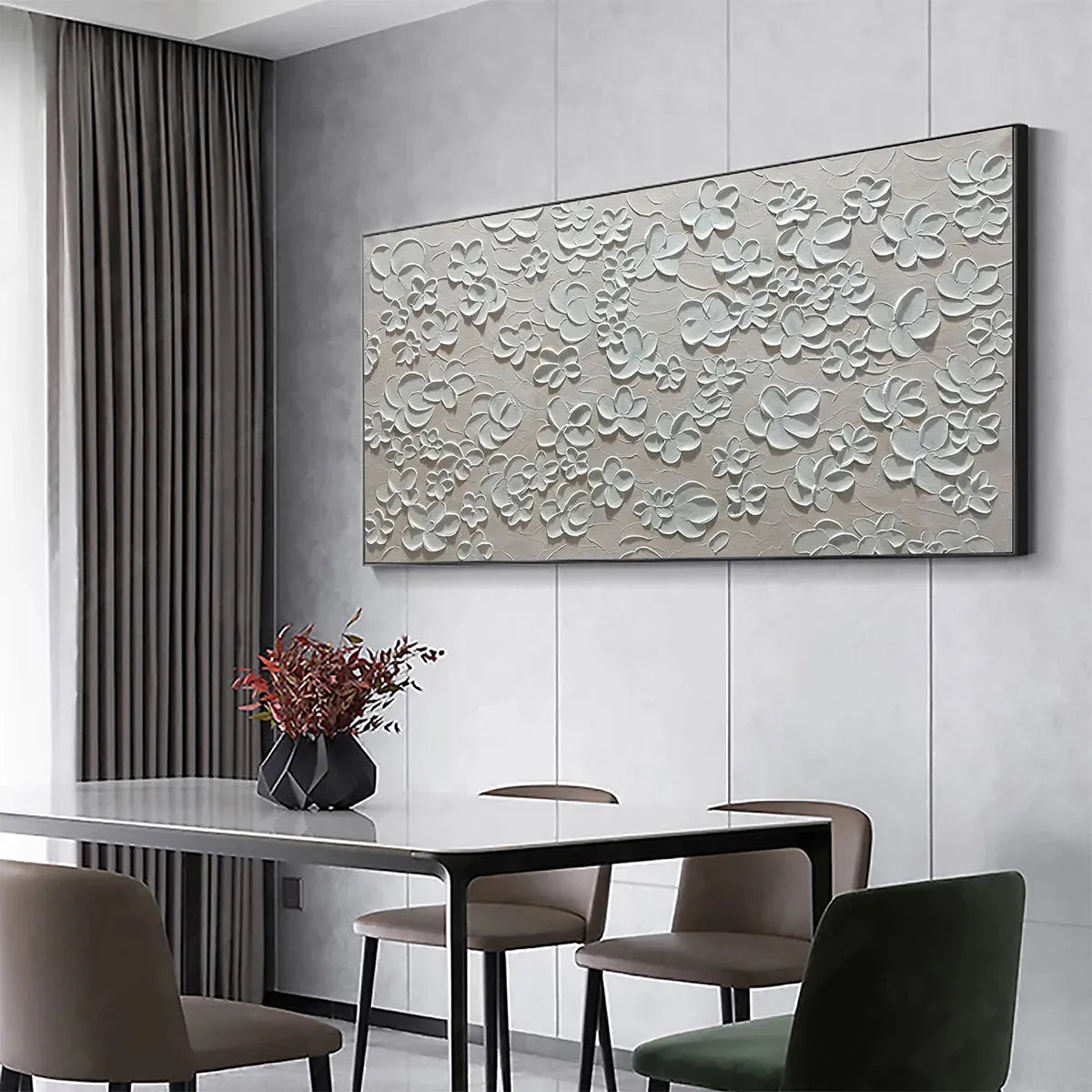 Textured White Floral Painting, Horizontal Canvas, Minimalist Wall Art