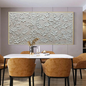 Textured White Floral Painting, Horizontal Canvas, Minimalist Wall Art