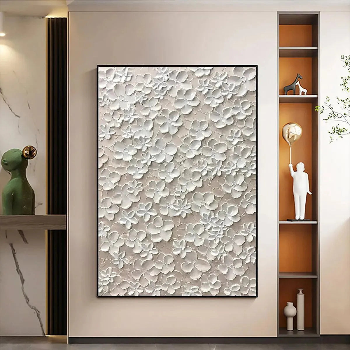 Blanc Bloom: textured white floral impasto painting with 3D effect, gold frame. Elegant and romantic artwork for bedrooms.