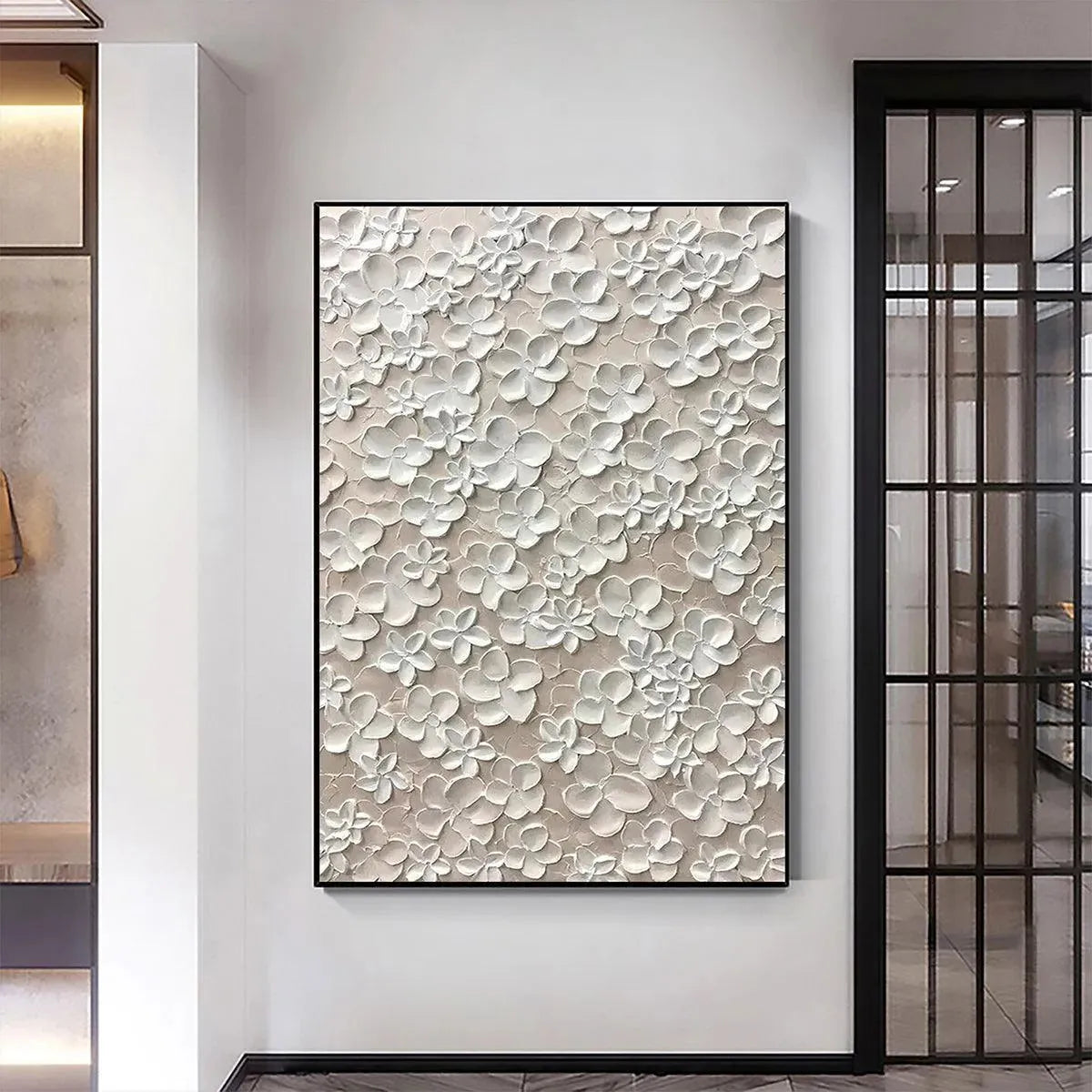 Blanc Bloom: textured white floral impasto painting with 3D effect, gold frame. Elegant and romantic artwork for bedrooms.