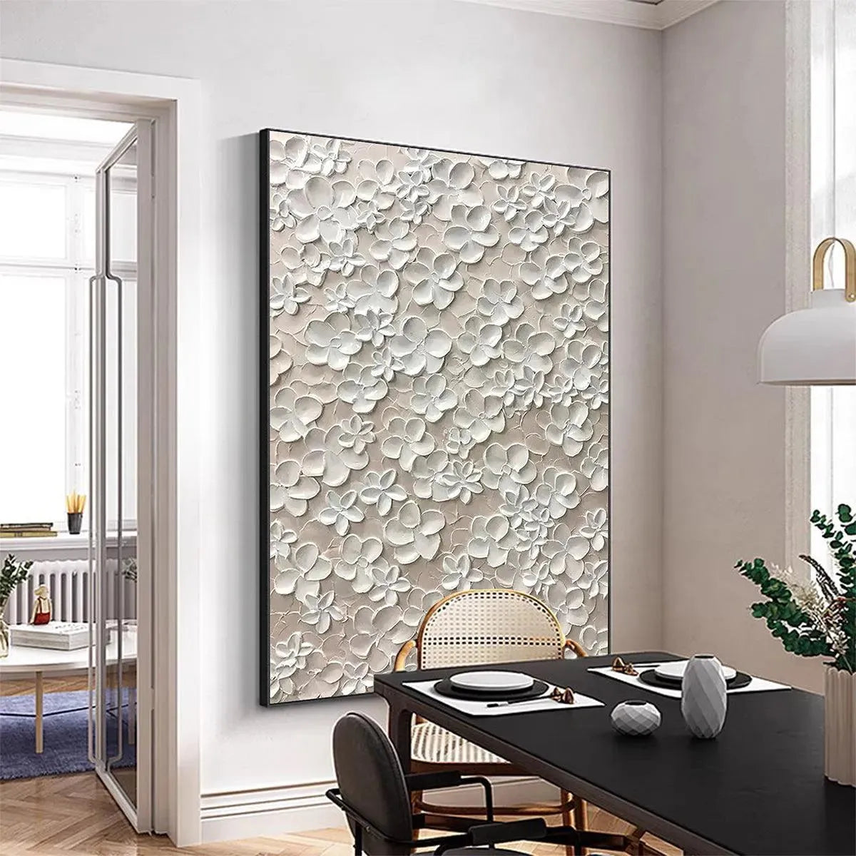 Blanc Bloom: textured white floral impasto painting with 3D effect, gold frame. Elegant and romantic artwork for bedrooms.