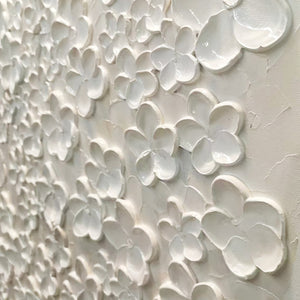 Blanc Bloom: textured white floral impasto painting with 3D effect, gold frame. Elegant and romantic artwork for bedrooms.