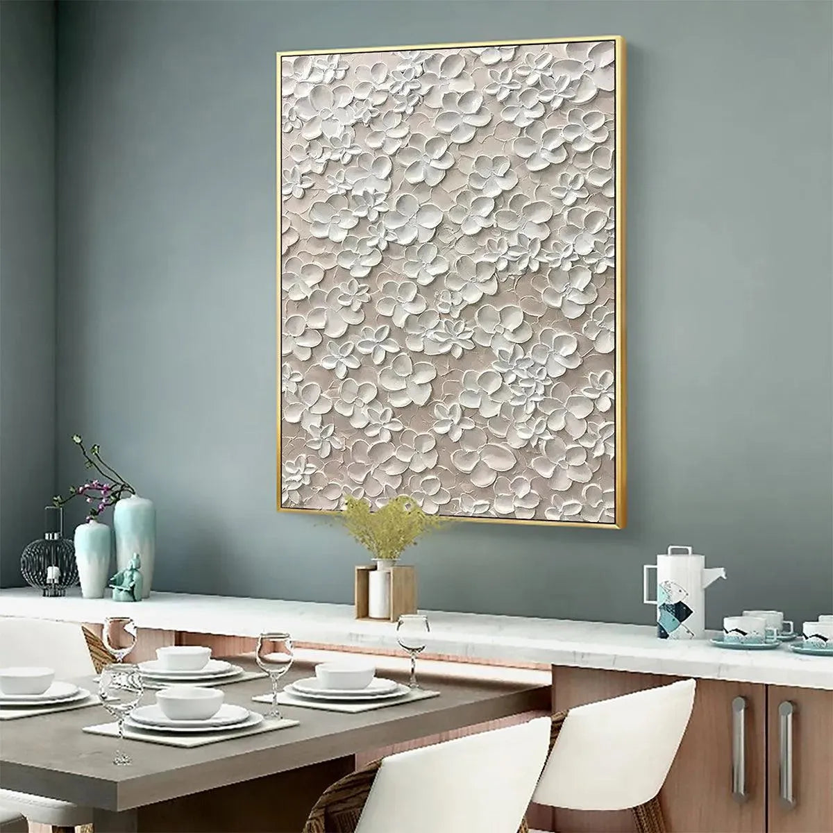 Blanc Bloom: textured white floral impasto painting with 3D effect, gold frame. Elegant and romantic artwork for bedrooms.