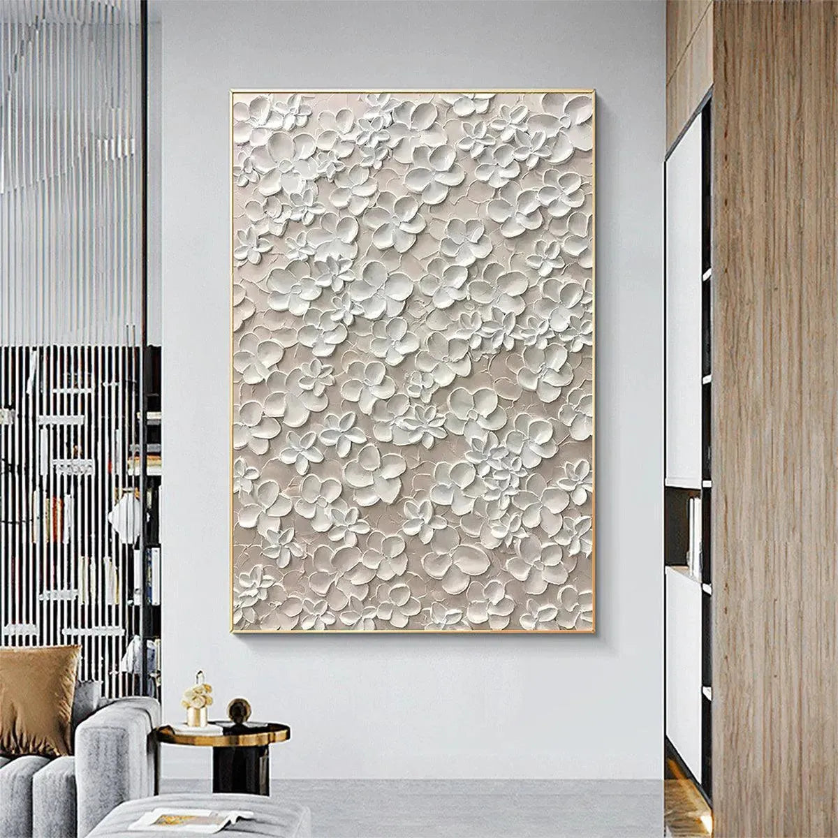 Blanc Bloom: textured white floral impasto painting with 3D effect, gold frame. Elegant and romantic artwork for bedrooms.