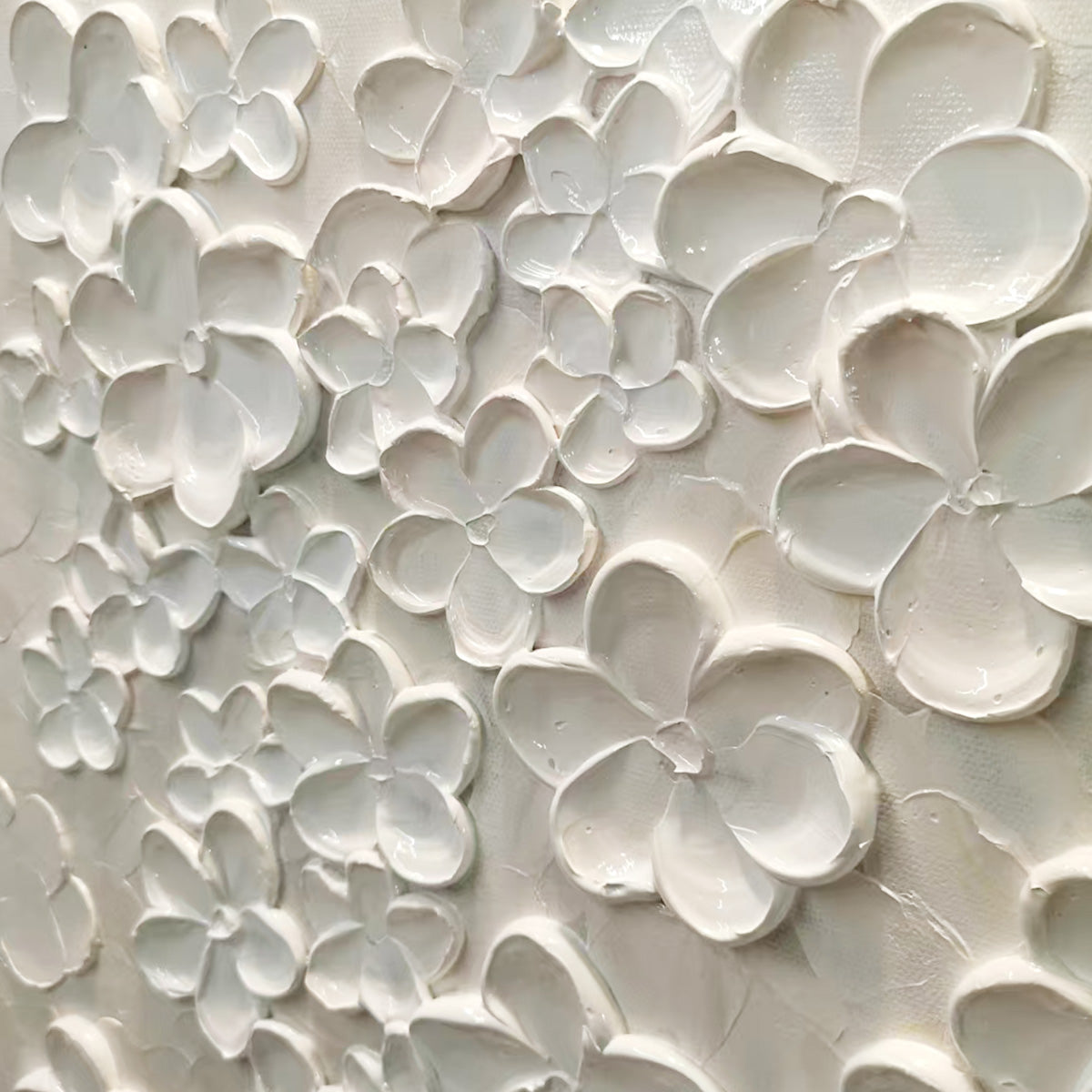 White 3D impasto floral painting detail, thick textured petals for bedroom artwork.
