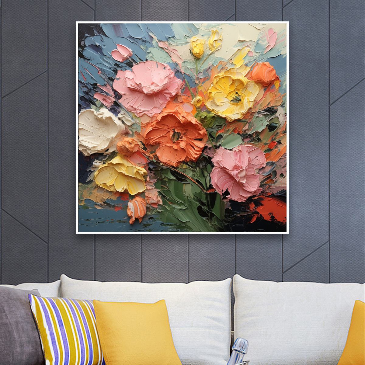 Blooming Bouquet: Floral Oil Painting | Textured | Impasto | Colorful | Flowers | Square