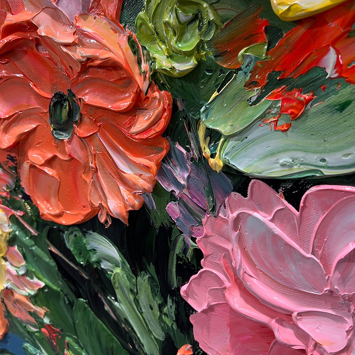 Blooming Bouquet: Floral Oil Painting | Textured | Impasto | Colorful | Flowers | Square