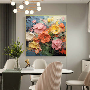 Blooming Bouquet: Floral Oil Painting | Textured | Impasto | Colorful | Flowers | Square