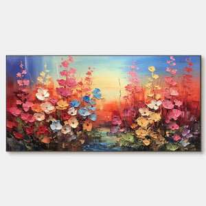 Panoramic Floral Landscape Painting, Impasto Flowers, Colorful, Living Room, Bedroom, Dining Room
