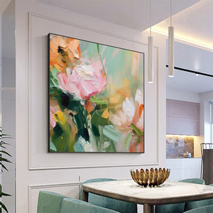 Blooming Romance: Original Impressionistic Floral Oil Painting - Pink and Peach Flower Wall Art