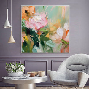 Blooming Romance: Original Impressionistic Floral Oil Painting - Pink and Peach Flower Wall Art