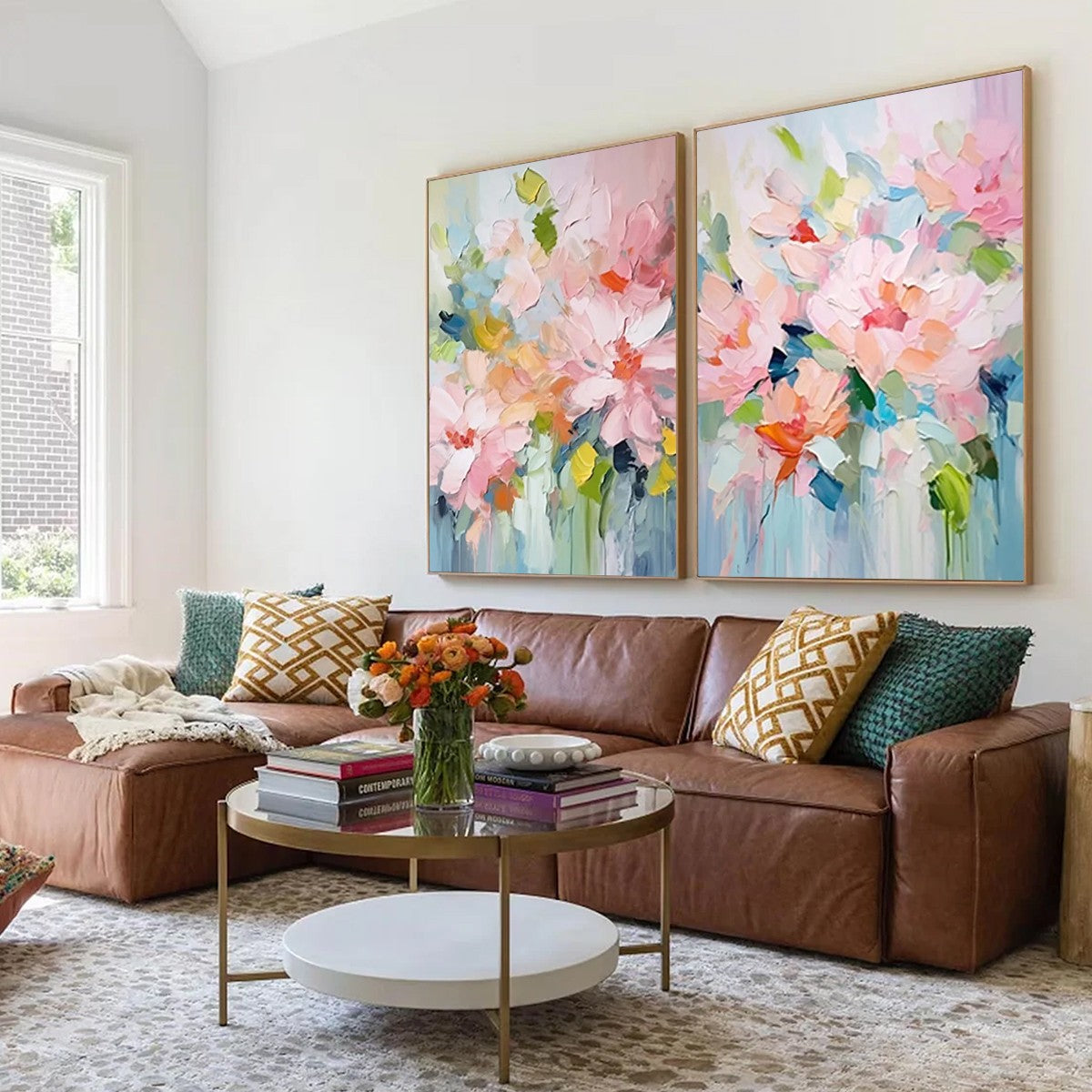 BLOSSOM CHORALE: Textured Impressionist Floral Diptych Oil Painting