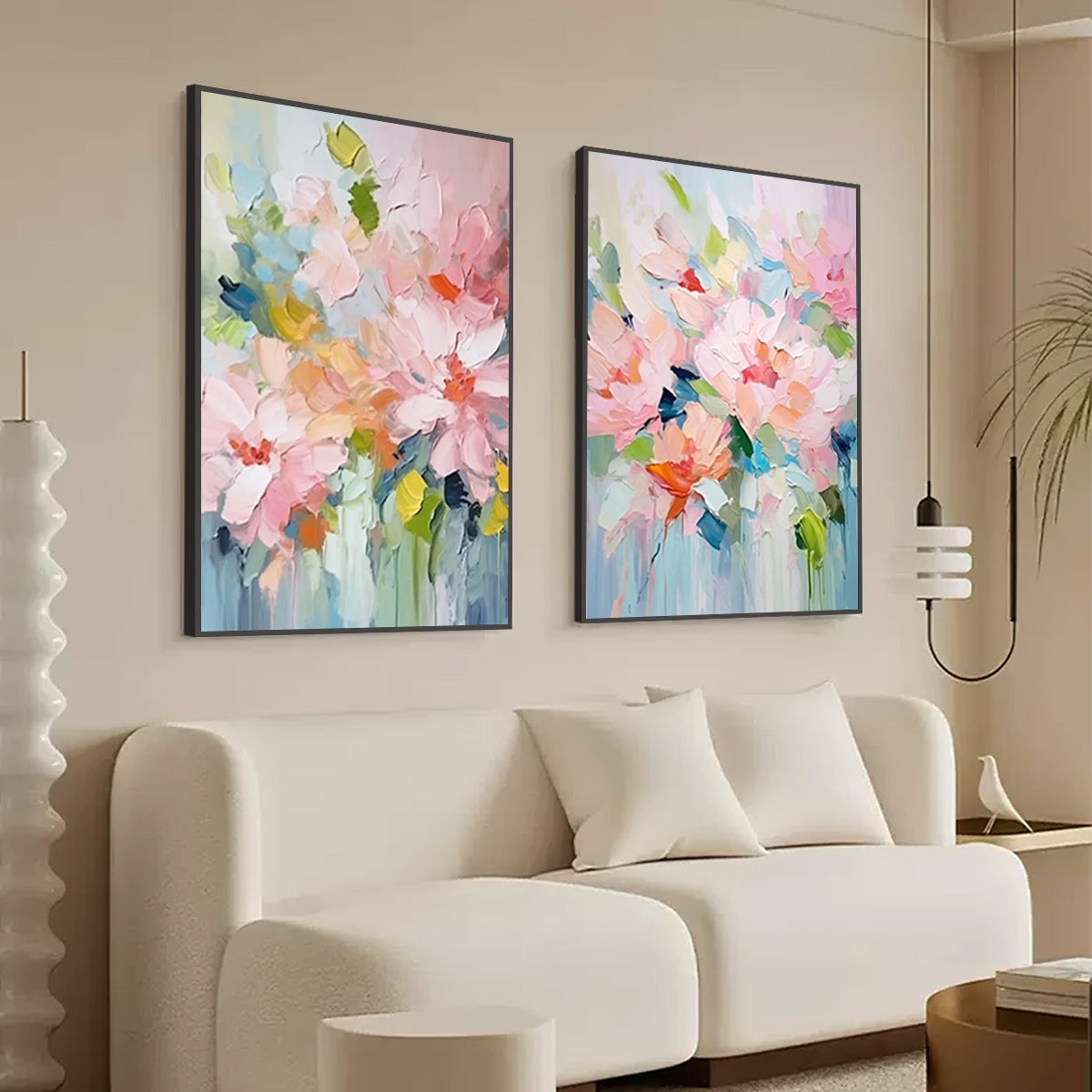 BLOSSOM CHORALE: Textured Impressionist Floral Diptych Oil Painting