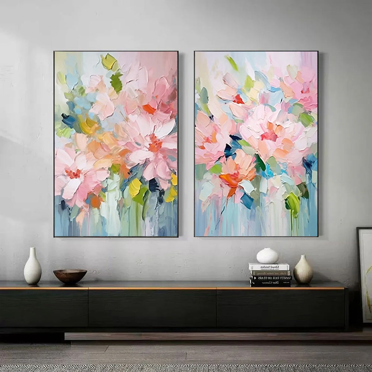 BLOSSOM CHORALE: Textured Impressionist Floral Diptych Oil Painting